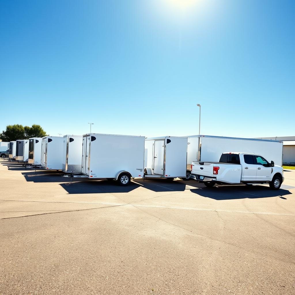 Row of rental utility and cargo trailers on a dealer lot